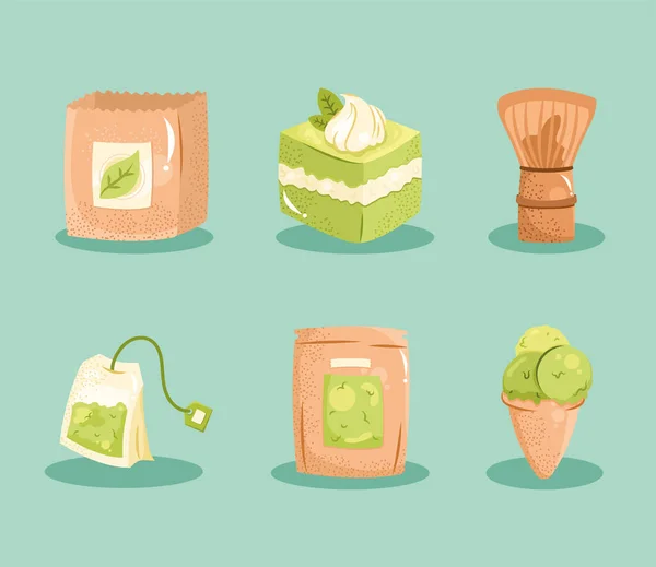 Zes matcha thee iconen — Stockvector