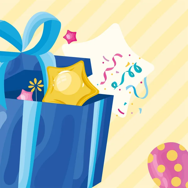 Синя подарункова коробка та конфетті — стоковий вектор