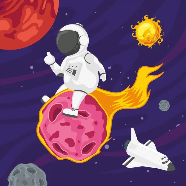 Astronaut in meteoriet in brand — Stockvector