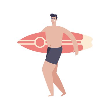 Kırmızı sörf tahtası olan adam.