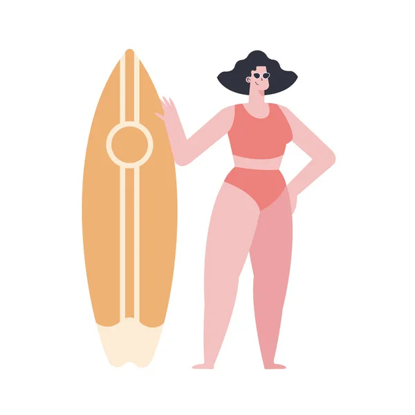 Женщина с желтой доской для серфинга — стоковый вектор