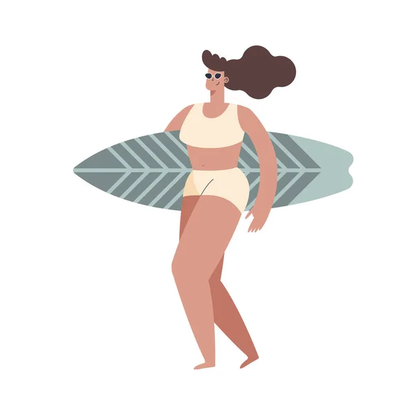 Женщина с серым доской для серфинга — стоковый вектор