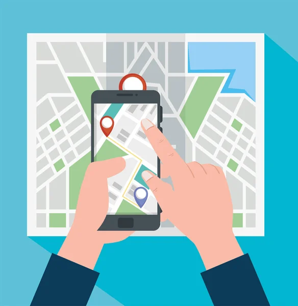 Mains en utilisant un smartphone avec GPS — Image vectorielle