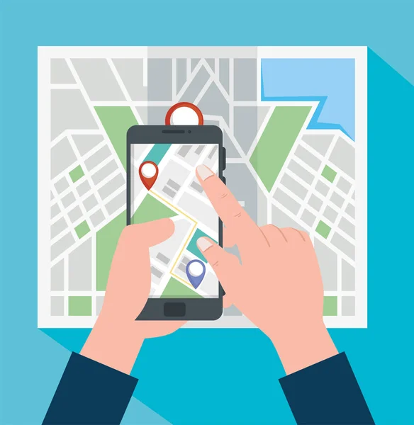 Manos usando smartphone con GPS — Vector de stock