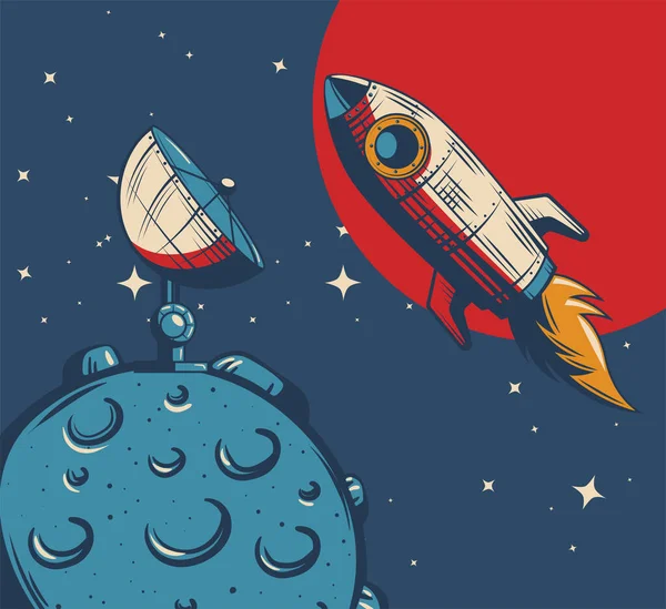 Space moon and rocket — Stock Vector
