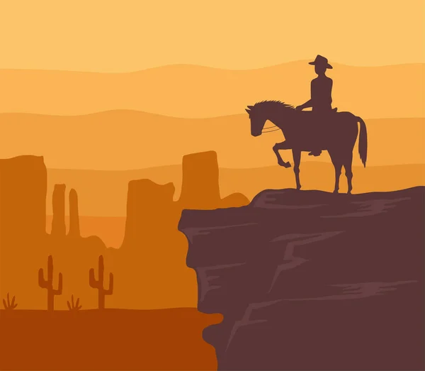 Cowboy im Sonnenuntergang der Wüste — Stockvektor