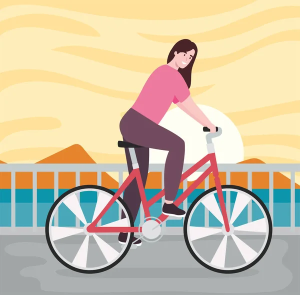 Ciclista femenina en el paisaje marino — Vector de stock