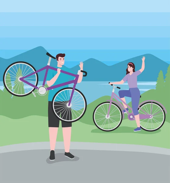 Couple de cyclistes dans le paysage — Image vectorielle