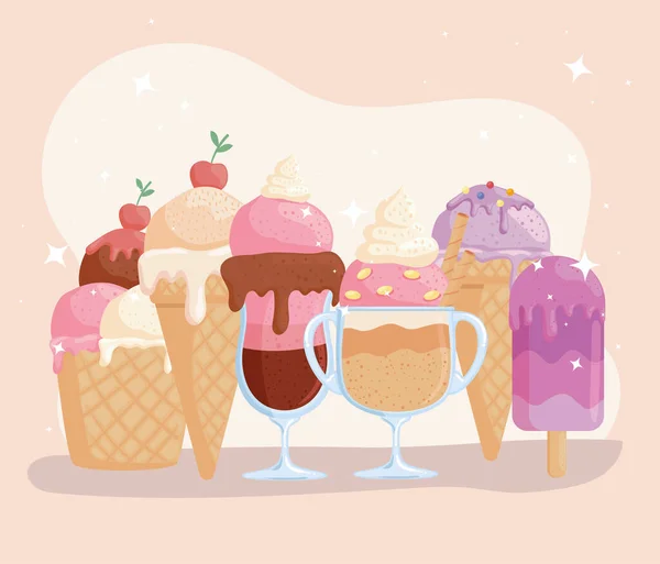 Seis productos de helados — Vector de stock