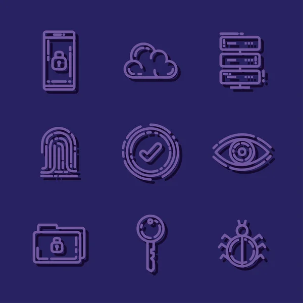 Nueve iconos de protección del centro de datos — Vector de stock