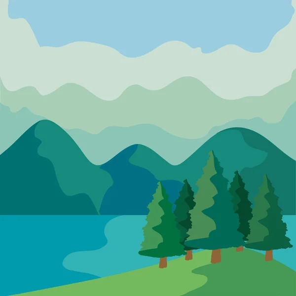 Lago y pinos paisaje — Vector de stock