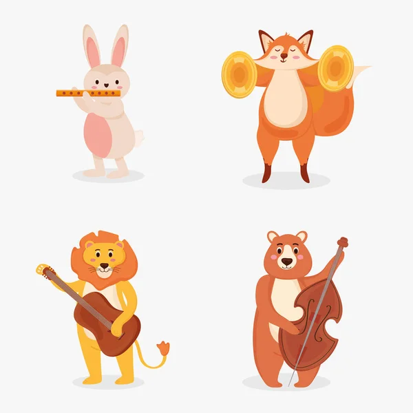 Quattro simpatici animali che suonano strumenti — Vettoriale Stock