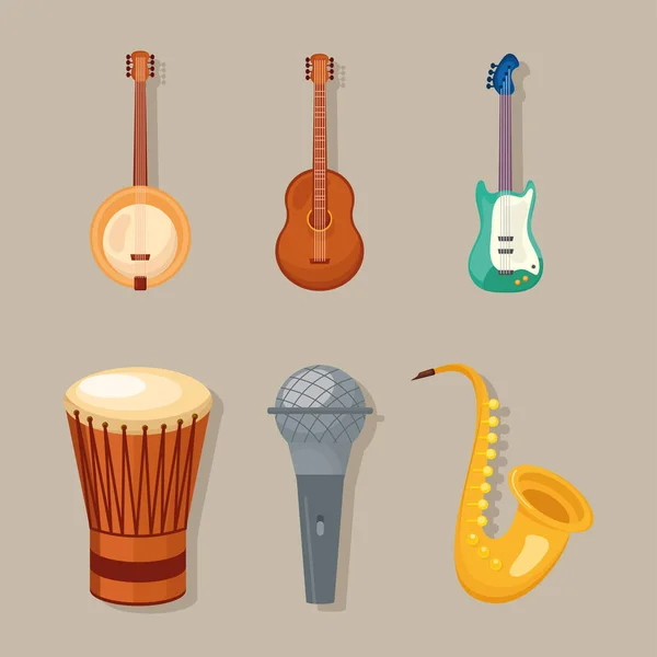 Seis ícones de instrumentos musicais —  Vetores de Stock