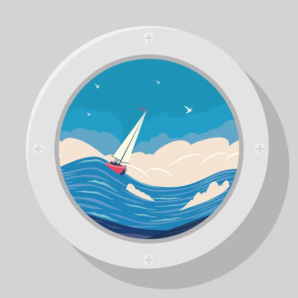 Porthole window with view sailboat — Stock Vector