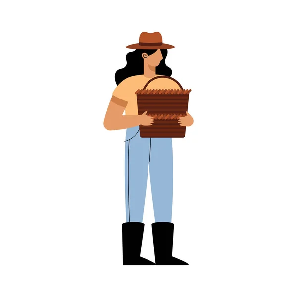 Agricultor mulher levantando cesta — Vetor de Stock