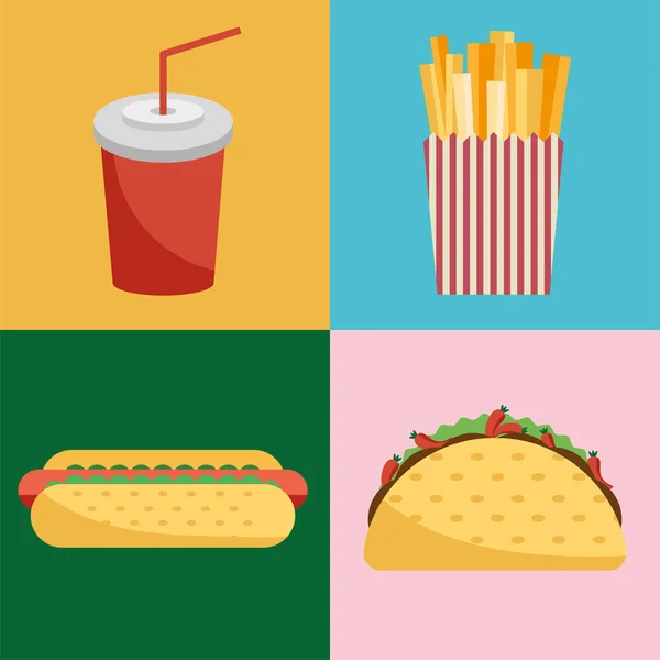 Quattro prodotti fast food — Vettoriale Stock