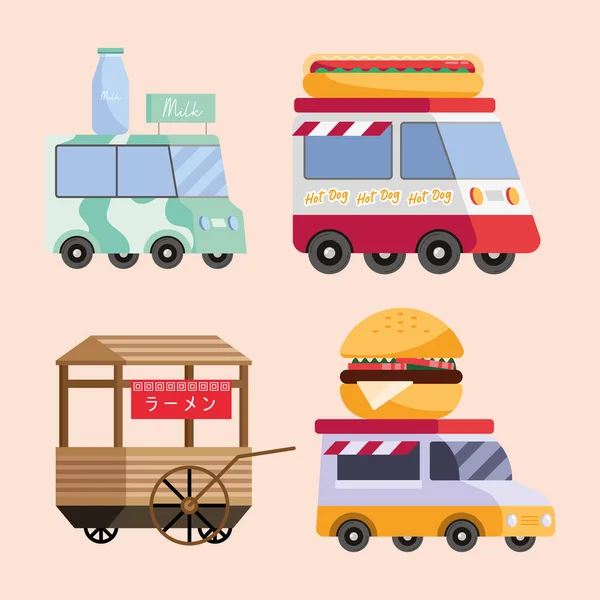 Camiones de comida cuatro iconos — Vector de stock