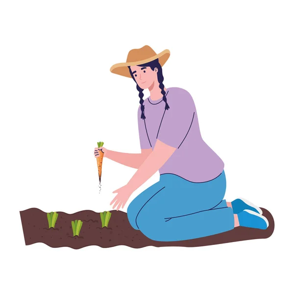 Vrouwelijke landbouwer die wortelen plant — Stockvector