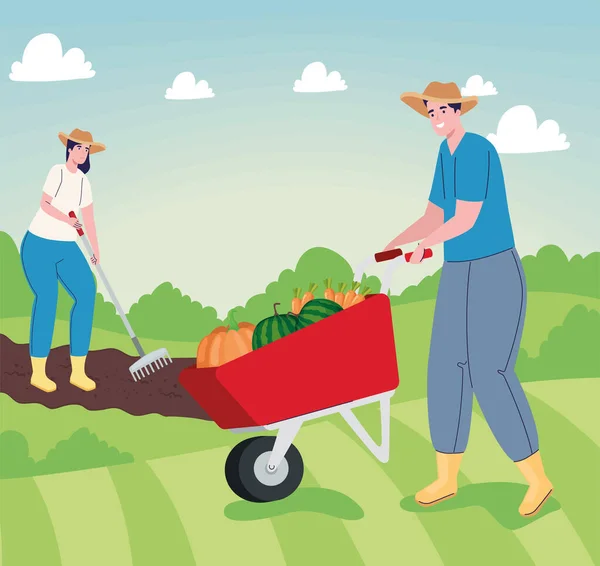 Agricultores casal com legumes — Vetor de Stock