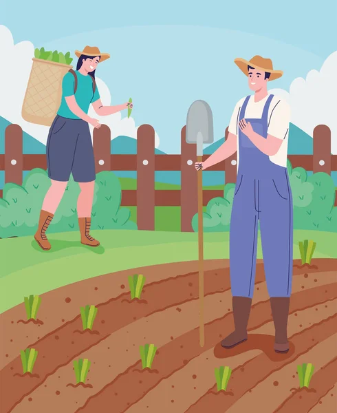 Agricultores casal que cultivam — Vetor de Stock