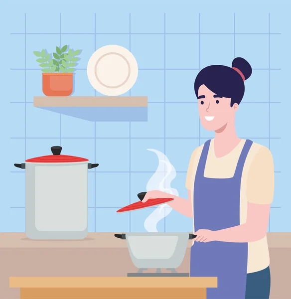 Woman cooking in kitchen — Stock Vector