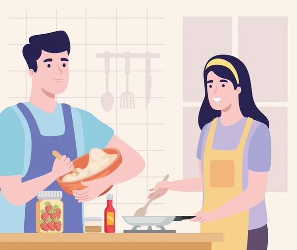 Пара приготовления пищи на кухне — стоковый вектор