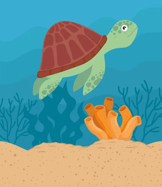 Tortuga nadando bajo el mar escena — Vector de stock