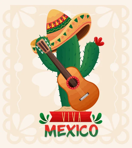 Mexican celebration guitar in cactu — Stock Vector