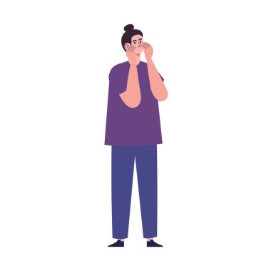 Kadın yüzüne dokunuyor.