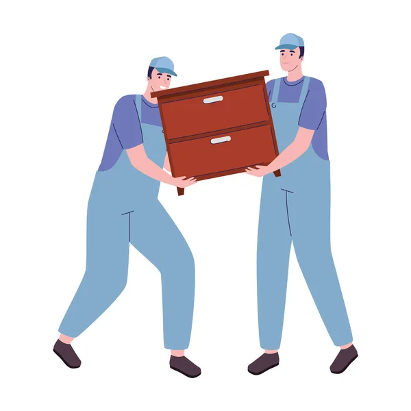 Moving workers lifting drawer — Stock Vector