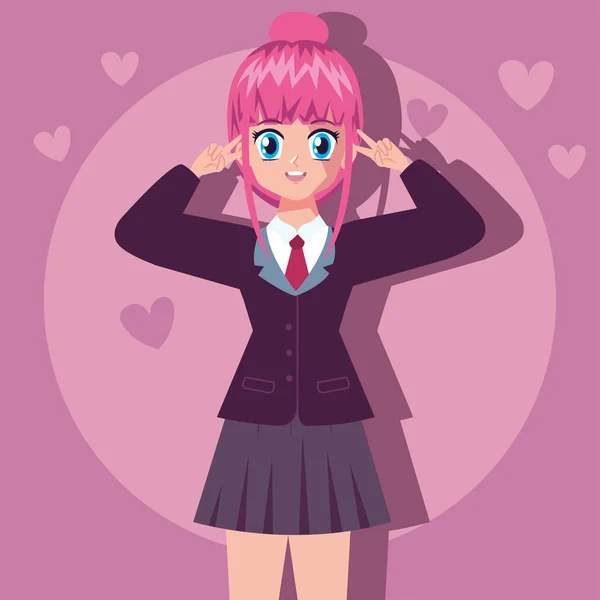 Anime pink hair girl with hearts — Stockvektor