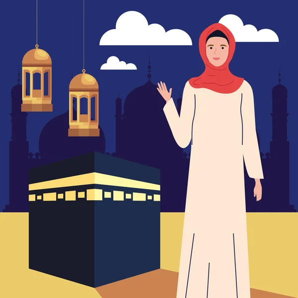La Mecque avec femme musulmane — Image vectorielle