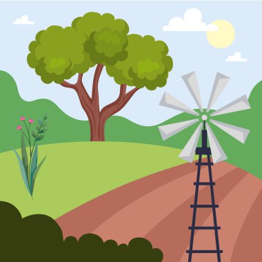 Yel değirmeni ve kamp sahnesi