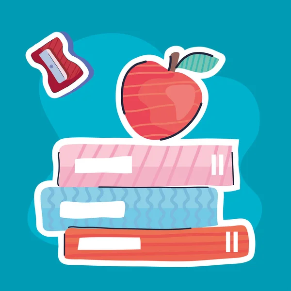 Books and apple with sharpener — Vetor de Stock