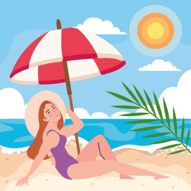 Sahilde şemsiyeli bir kadın.