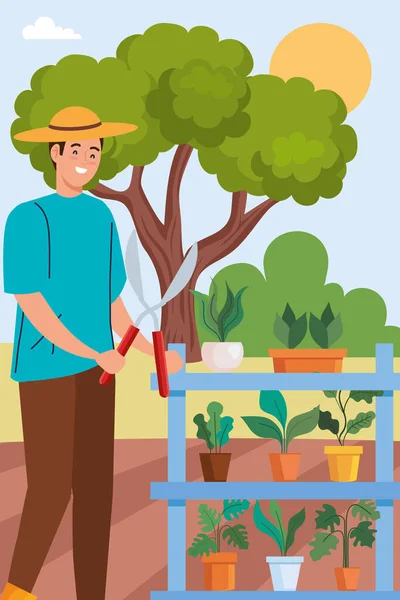 Agricultor con plantas — Vector de stock