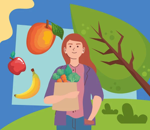 Woman with fruits in farm — стоковый вектор