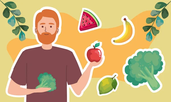 Skäggig man med frukt och grönsaker — Stock vektor
