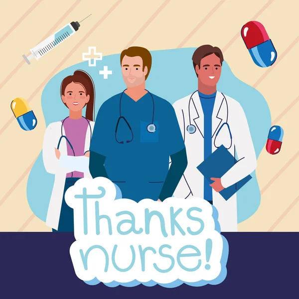 Grazie infermiera lettering con i medici — Vettoriale Stock