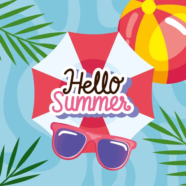 Hello summer lettering with umbrella — Stock Vector