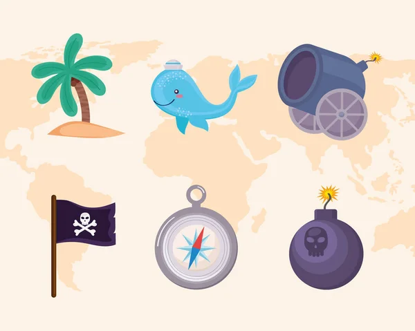 Šest pirátských námořních ikon — Stockový vektor