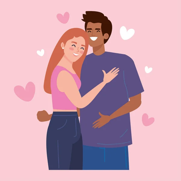 Interracial lovers couple with hearts — Stock Vector