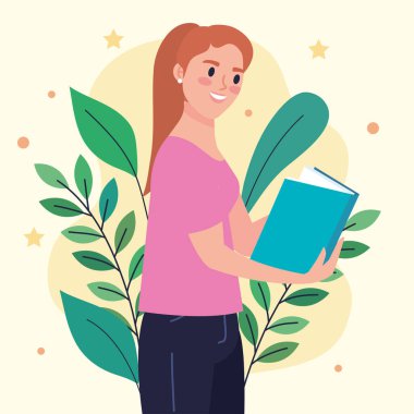 woman reading book with leafs