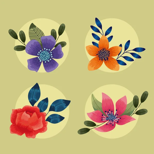 Vier bloemen natuurlijke pictogrammen — Stockvector