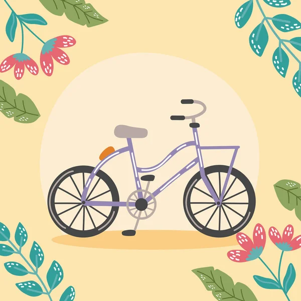 Vélo violet dans un cadre floral — Image vectorielle