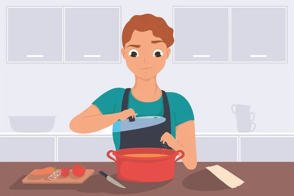 Homem salgando cena sopa —  Vetores de Stock