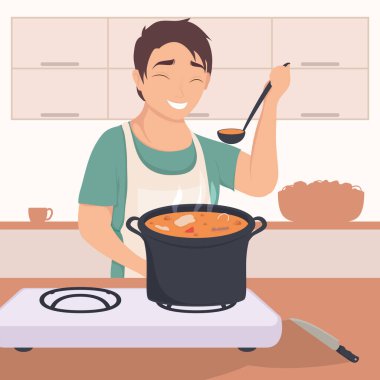 man cooking soup scene