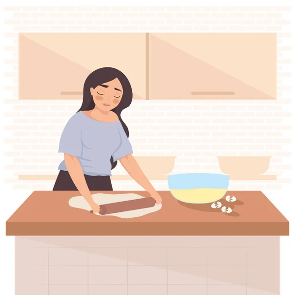 Woman kneading dough scene — стоковый вектор