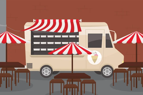 Фургон с мороженым и столы — стоковый вектор