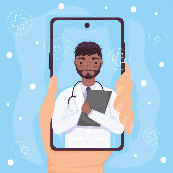 Afro γιατρός στο smartphone — Διανυσματικό Αρχείο